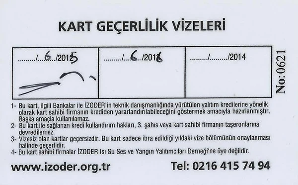 İZODER Uzman Uygulayıcı Tanıtım Kartının arka yüzü: kart geçerlilik vizeleri