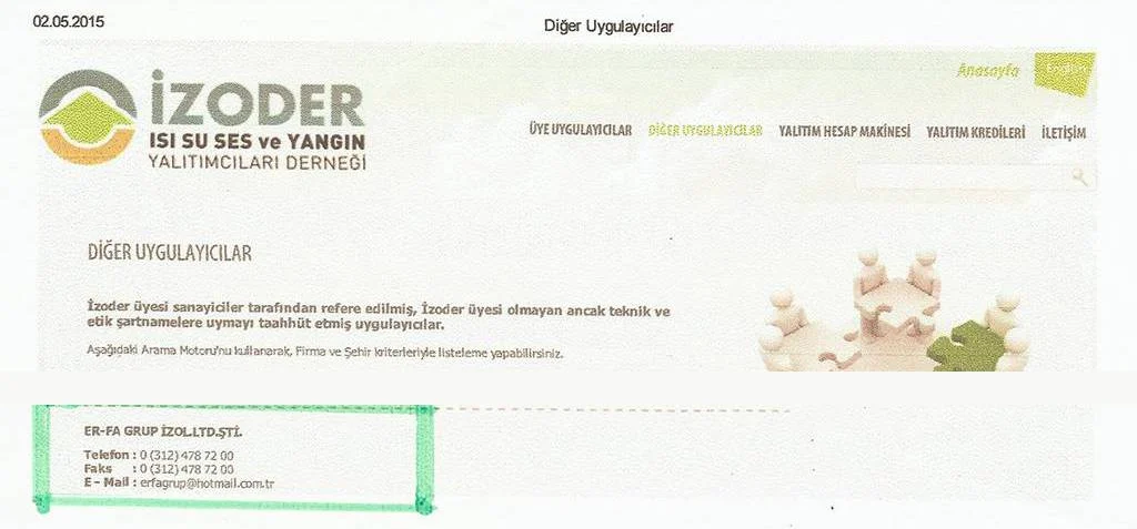 İZODER internet sitesindeki uygulayıcı listesinde ER-FA Grup İzolasyon kaydı